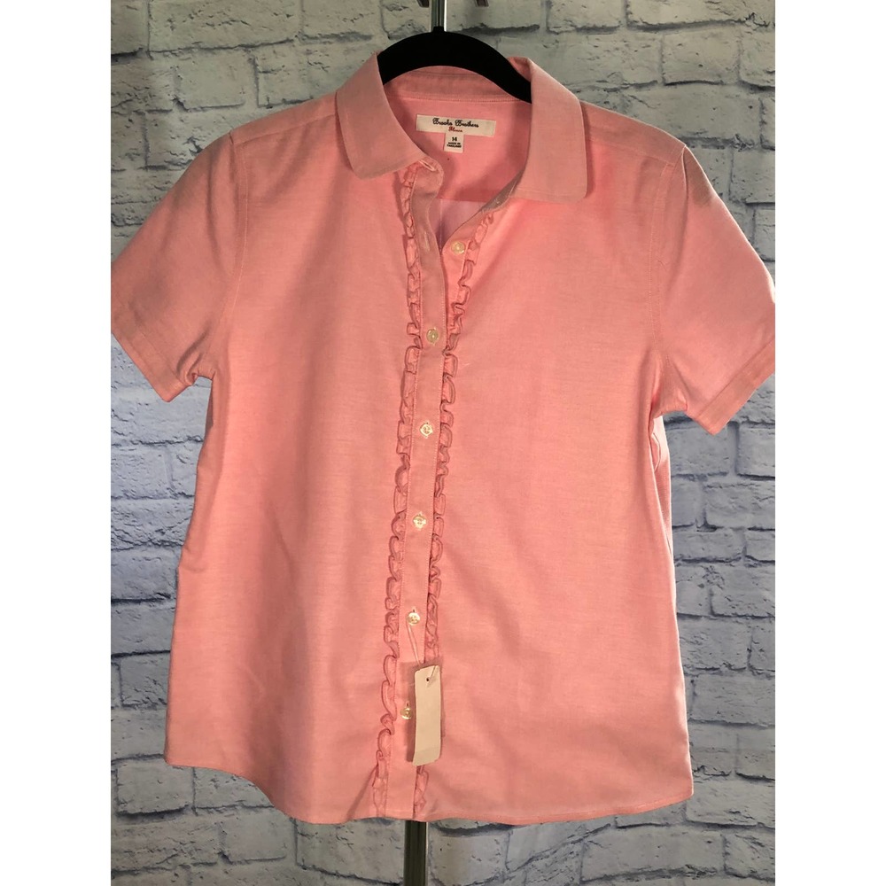 *NWT* Brooks Brothers Girls' Non Iron Short Sleeve Oxford Shirt Pink Sz 14